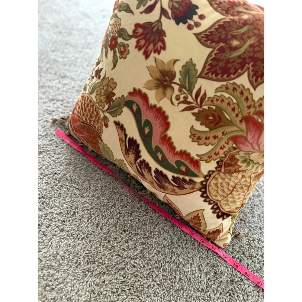 Pier 1 Floral Throw Pillow accent Decorative Gold Damask‎ Ball Fringe 18